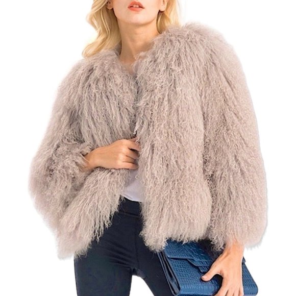 NWT Maximilian 19" Tibetan Lamb Fur Jacket Shaggy Dusty Rose Women's Sz Small